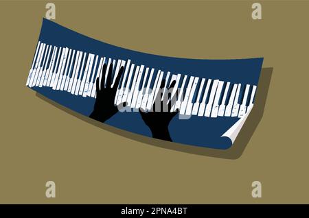 Un banner di carta passa sullo sfondo e sul poster sono le mani che suonano su una tastiera per pianoforte in un'illustrazione vettoriale a tema jazz. Illustrazione Vettoriale
