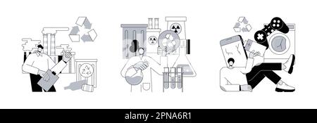 Gestione dei rifiuti concetto astratto vettore illustrazione set. Riciclaggio meccanico e chimico, riduzione dei rifiuti elettronici, smaltimento e utilizzo dei rifiuti, permuta elettronica e riutilizzo della metafora astratta. Illustrazione Vettoriale