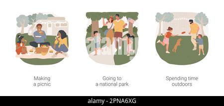 Set di illustrazioni vettoriali per cartoni animati isolati per la Festa del lavoro. Buona famiglia con un picnic all'aperto, Labor Day Tradition, andare in un parco nazionale, trascorrere il tempo con i bambini all'aperto vettore cartoon. Illustrazione Vettoriale