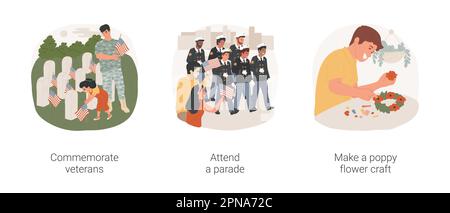 Set di illustrazioni vettoriali per cartoni animati isolati del Memorial Day. Commemora i veterani, festeggiamenti del giorno della memoria, partecipa alla parata, persone diverse che detengono bandiere degli Stati Uniti, fai un cartoon vettoriale di artigianato di fiori di papavero. Illustrazione Vettoriale