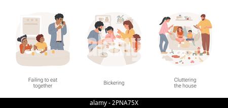 Problemi familiari Set isolato di illustrazioni vettoriali per cartoni animati. Non riuscendo a mangiare insieme, genitori occupati, la famiglia che bickering, stipando la casa, vestiti e giocattoli sparsi nel cartone animato vettoriale del soggiorno. Illustrazione Vettoriale