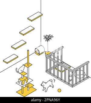 Trovare una camera in affitto: Animali domestici-friendly Property, gatto torre e cerchio di cane semplice isometrico, Vector Illustration Illustrazione Vettoriale