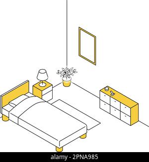 Trovare una stanza in affitto: camera da letto, semplice isometrica con illuminazione letto e comodino, Vector Illustration Illustrazione Vettoriale