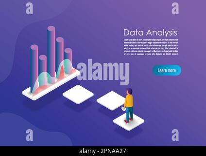 Banner sul concetto di analisi dei dati isometrici. Può essere utilizzato per banner Web, infografiche, immagini di eroi. Illustrazioni vettoriali isometriche piatte con gradienti trendy Illustrazione Vettoriale