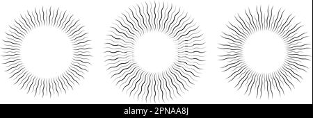 Collezione di trame ricurve retrò sunburst. Raggi di luce solare deformati in serie circolare. Elementi di design vintage wave Sunbeams per logo, etichette, badge, striscioni. Vettore Illustrazione Vettoriale