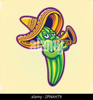 Cinco de mayo cactus giocare a tromba indossare messicano cappello illustrazioni vettore per il tuo logo di lavoro, t-shirt merchandise, adesivi e disegni di etichette Illustrazione Vettoriale