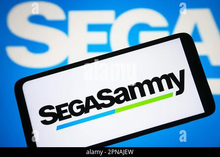 Ucraina. 17th Apr, 2023. In questa immagine, il logo sega Sammy Holdings Inc. Viene visualizzato sullo schermo di uno smartphone. Credit: SOPA Images Limited/Alamy Live News Foto Stock