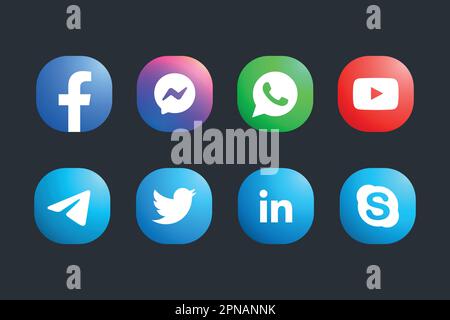 Confezione di pulsanti e icone per i social media moderni dal design piatto Illustrazione Vettoriale