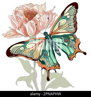 Farfalla e fiore isolato su sfondo bianco. Primo piano del poster stampato a mano. Foto Stock