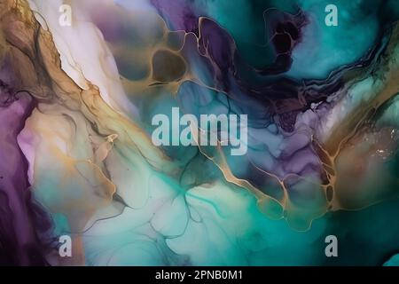 Astratto blu, viola e oro alcol inchiostro arte sfondo. Foto Stock