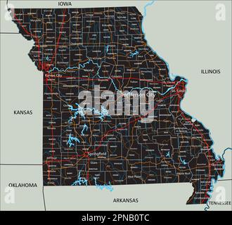 Mappa stradale dettagliata del Missouri con etichette. Illustrazione Vettoriale