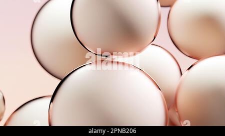 Bolle d'olio essenziali per cosmetici in acqua. Bolle di liquido dorato, flusso di liquido. Collagene, atomi galleggianti, crema idratante, siero della pelle, vitamina, essere Foto Stock