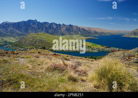 Salendo e su Queensland Hill in Nuova Zelanda sull'Isola Sud di Otago. Anche una vista del Lago Wakatipu con la montagna sullo sfondo. Foto Stock