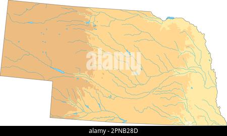 Mappa fisica del Nebraska ad alta dettaglio. Illustrazione Vettoriale