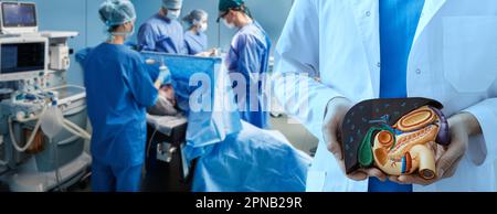 Intervento chirurgico di resezione epatica, cistifellea e pancreas. ospedale sala operatoria con team chirurgico mentre operazione chirurgica di organi interni umani, liv Foto Stock