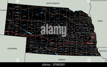 Mappa stradale dettagliata del Nebraska con etichettatura. Illustrazione Vettoriale