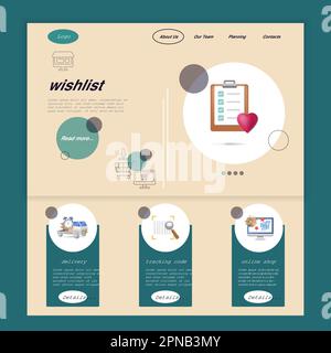 Modello di sito web della landing page piatta della wishlist. Consegna, codice di tracciamento, negozio online. Banner Web con intestazione, contenuto e piè di pagina. Illustrazione vettoriale. Illustrazione Vettoriale