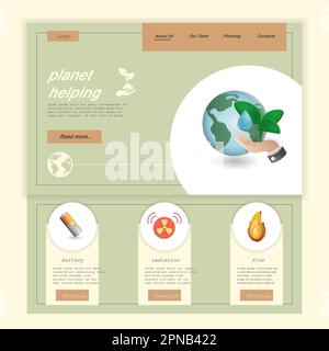 Planet aiutare piano landing page modello di sito web. Batteria, radiazioni, fuoco. Banner Web con intestazione, contenuto e piè di pagina. Illustrazione vettoriale. Illustrazione Vettoriale