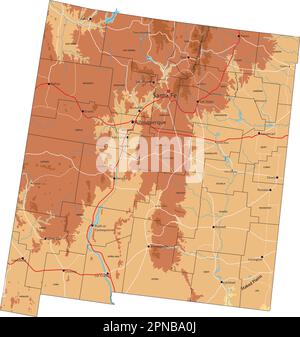 Mappa fisica del New Mexico dettagliata con etichettatura. Illustrazione Vettoriale