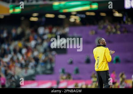 Usain Bolt saluta e fa il giro d'onore al suo congedo al London 2017 World Athletics Championships. Foto Stock