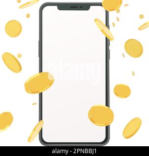 Monete d'oro che cadono attorno a un realistico vettore di illustrazione smartphone Illustrazione Vettoriale