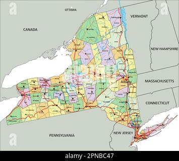 New York - Mappa politica modificabile molto dettagliata con etichettatura. Illustrazione Vettoriale