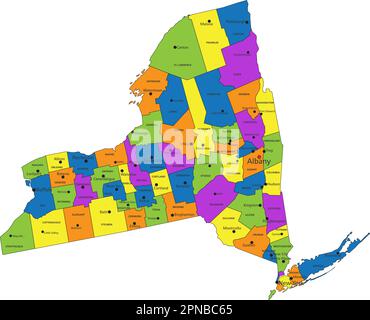 Colorata mappa politica di New York con strati separati e chiaramente etichettati. Illustrazione vettoriale. Illustrazione Vettoriale