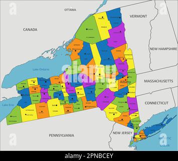 Colorata mappa politica di New York con strati separati e chiaramente etichettati. Illustrazione vettoriale. Illustrazione Vettoriale