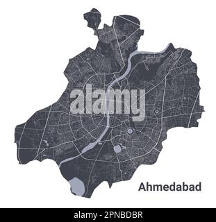 Mappa di Ahmedabad. Mappa vettoriale dettagliata dell'area amministrativa della città di Ahmedabad. Poster sulla città con vista metropolitana sull'aria. Terra nera con strade bianche e Ave Illustrazione Vettoriale