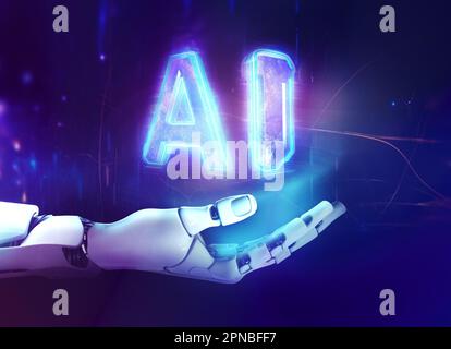 Mano robotica che mostra ologramma IA, unità con concetto di intelligenza umana e artificiale, apprendimento automatico e background tecnologico futuristico Foto Stock