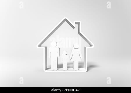 Figure della gente bianca disposte nella cornice a forma di casa che rappresenta il concetto di famiglia amorevole nel paese su sfondo bianco Foto Stock