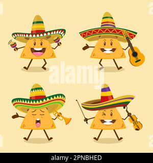 Carino Cartoon Nachos Mariachi Band Set Illustrazione Vettoriale