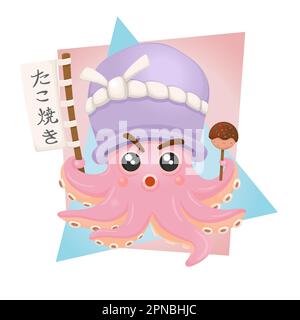 Mascotte cute Octopus Takoyaki con logo Illustrazione Vettoriale