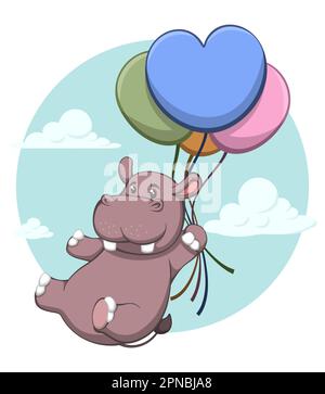 Carino Hippo Cartoon volare con palloncini Illustrazione Vettoriale