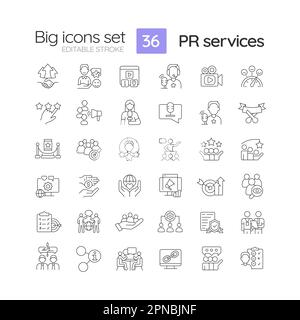 Set di icone lineari dei servizi PR Illustrazione Vettoriale