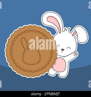 carino festa di metà autunno coniglietto e torta luna Illustrazione Vettoriale