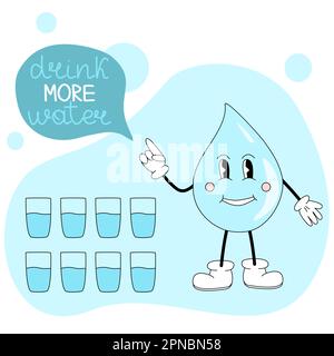 Stile retrò carino goccia di acqua personaggio cartone animato con occhi, gambe e braccia dice bere più acqua, lettere disegnate a mano, rimanere idratato concetto, vettore illustrazione Illustrazione Vettoriale