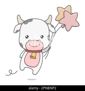 Carino personaggio Cow con palloncino Illustrazione Vettoriale