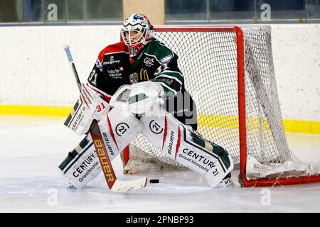 Partita di hockey su ghiaccio. Team HC Mont-Blanc. Portiere. Saint-Gervais. Francia. Foto Stock