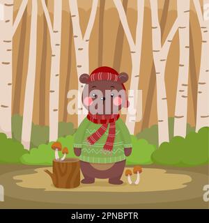 carino orso cartoon indossare maglione nella foresta illustrazione Illustrazione Vettoriale