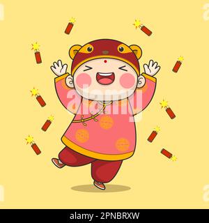 Carino ragazzo cinese di Capodanno e Firecracker Illustrazione Vettoriale