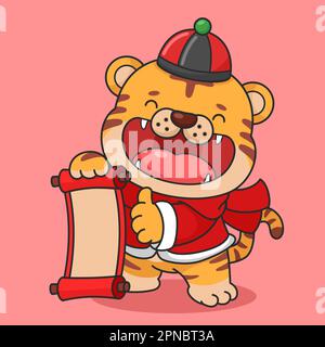 Carino cinese nuovo anno Tiger e rotolo Illustrazione Vettoriale
