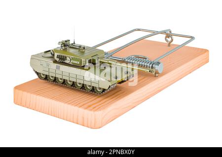 Battle Tank all'interno di mousetrap. 3D rendering isolato su sfondo bianco Foto Stock