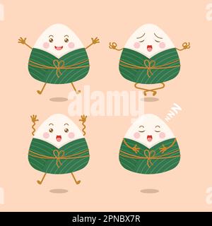 carino e kawaii cinese gnocchi di riso appiccicoso set di personaggi cartoni animati zongzi Illustrazione Vettoriale