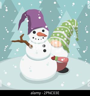 Carino Cartoon Gnome fare Snowma Illustrazione Vettoriale