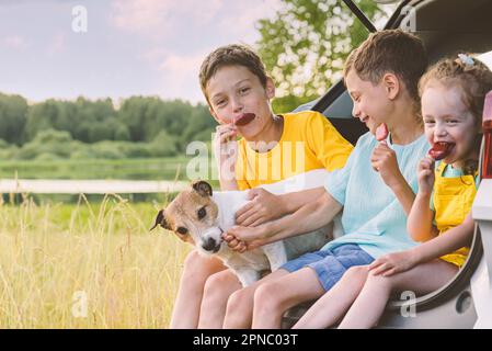 Famiglia che viaggia in auto con picnic nella natura. Bambini sorridenti che mangiano papsicle Foto Stock