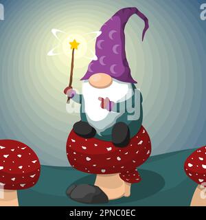 Carino Cartoon Gnome su Mushroom Holding Magic Wand Illustrazione Vettoriale
