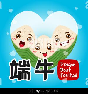 Dragon Boat Festival Trio riso Dumpling nel cuore cornice Illustrazione Vettoriale