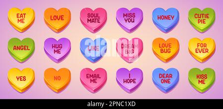 Amore conversazione dolci, caramelle a forma di cuore con testi romantici. Dolci San Valentino con messaggi d'amore, carine caramelle colorate isolate sullo sfondo, set di cartoni animati vettoriali Illustrazione Vettoriale