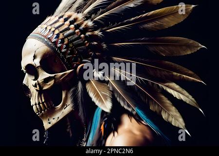 Un'immagine di un uomo che tiene un cranio indiano con un headdress della piuma Foto Stock